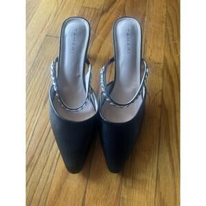 Tahari Black Kitten Heel Mules with Silver Chain Detail – Size 10